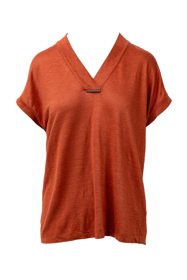 Brunello Cucinelli Size M Linen & Silk Monili Trim V Neck Tops