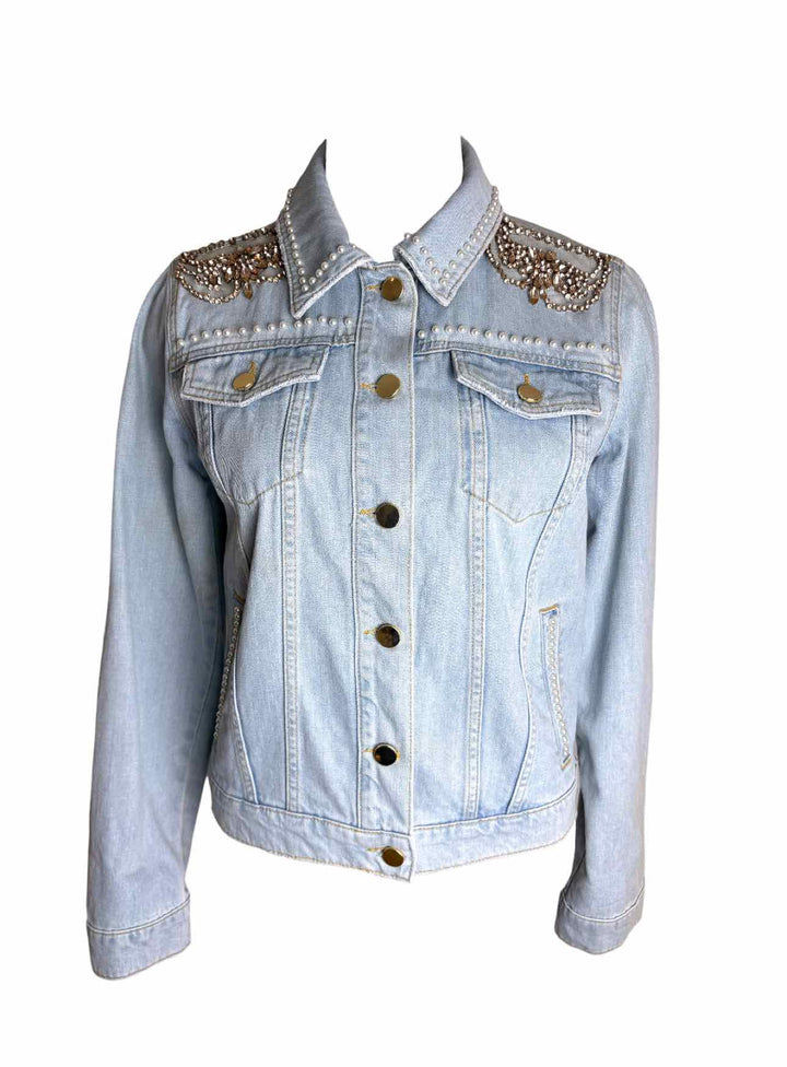 Twinset Size 44 Distressed Crystal Trim Denim Jacket