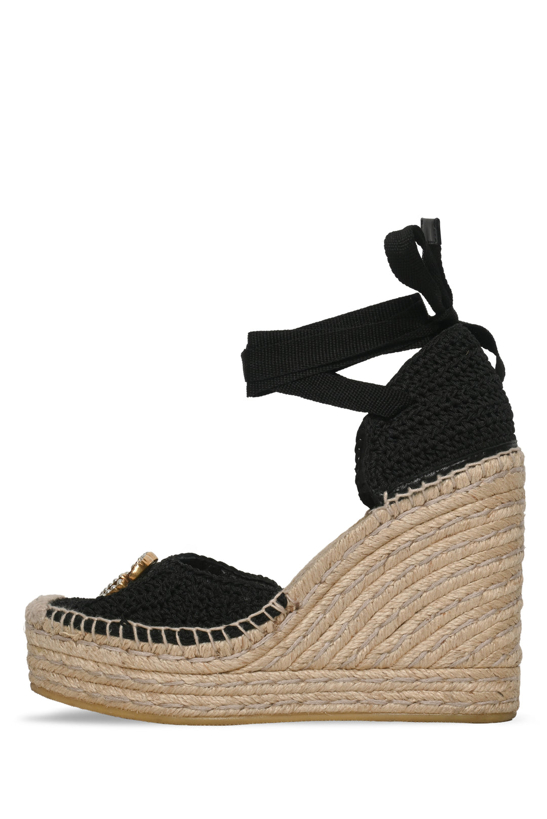 Gucci Size 36 Crochet Pearly GG Logo Ankle Wrap Platform Espadrille Wedges