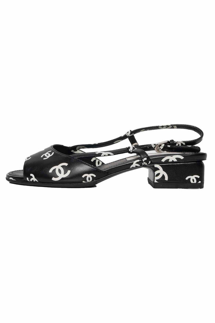 Chanel Size 37 Monogram Lambskin CC Slingback Sandals
