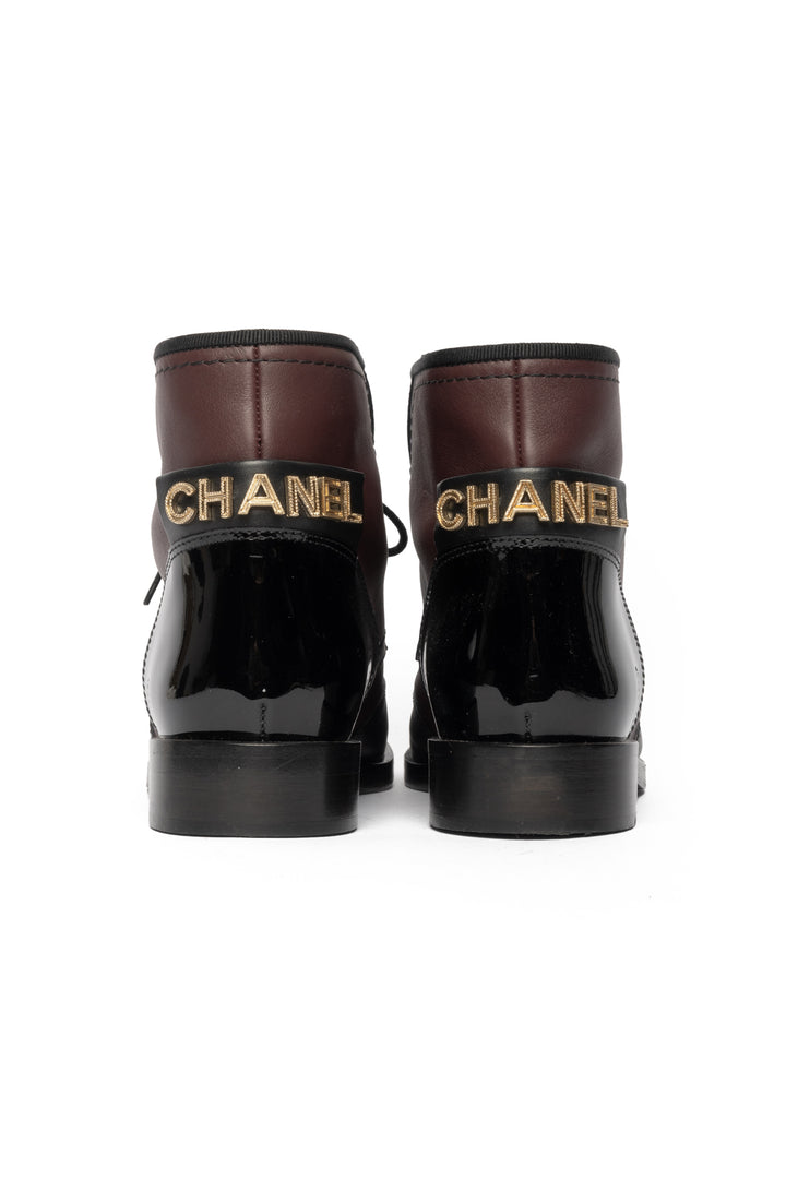 Chanel Size 36 Two-Tone Leather "CHANEL" Embellished Ankle Boots