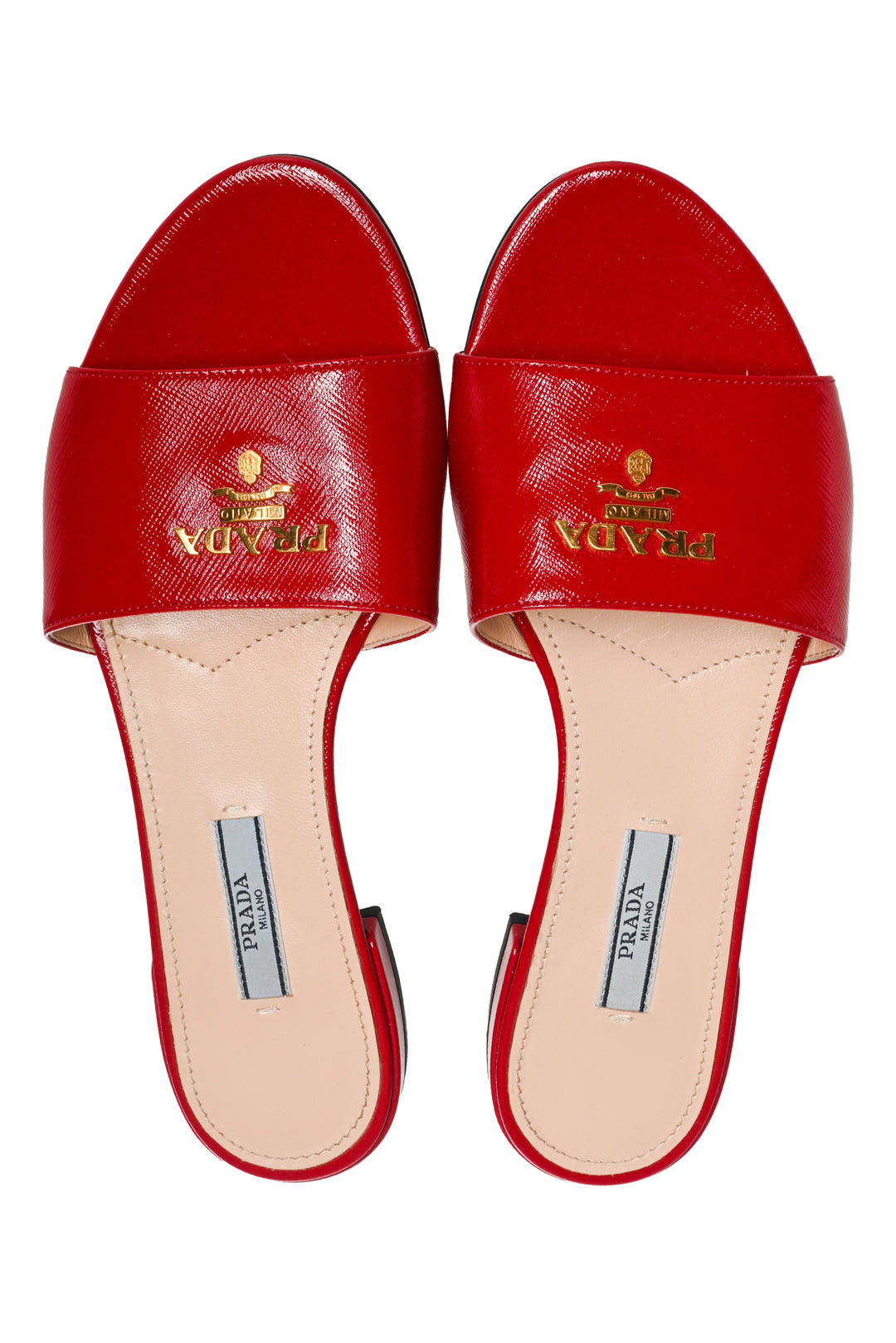 Prada Size 37.5 Saffiano Patent Leather Logo Slides
