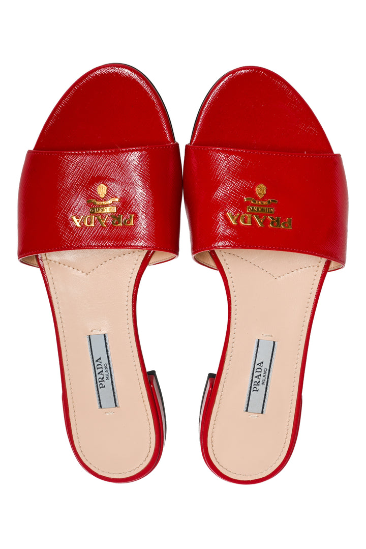 Prada Size 37.5 Saffiano Patent Leather Logo Slides