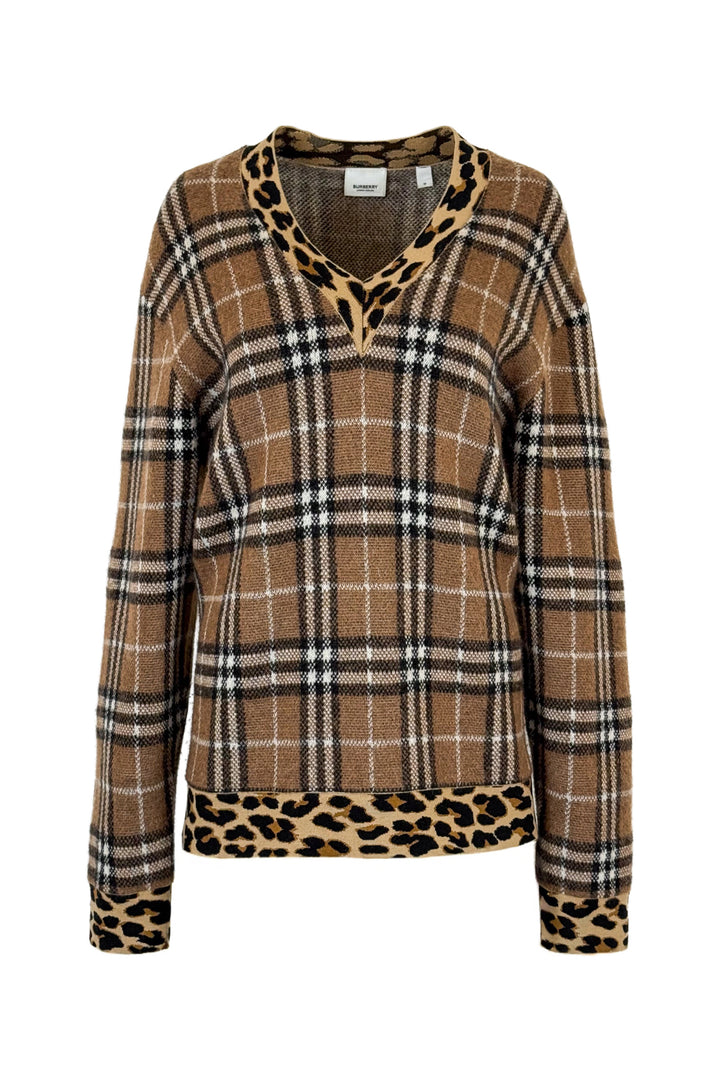 Burberry Size M Men's Cashmere & Mohair Check & Leopard Print V-Neck Sweater