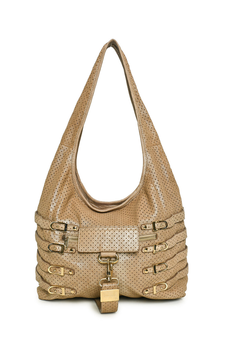 Jimmy Choo Bardia Perforated Metallic Suede Buckle Strap Hobo Shoulder Bag