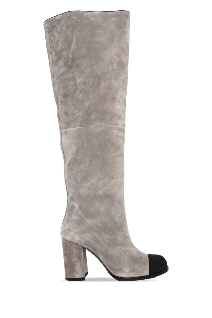Chanel Size 38.5 Suede Grosgrain Cap Toe Knee High Boots