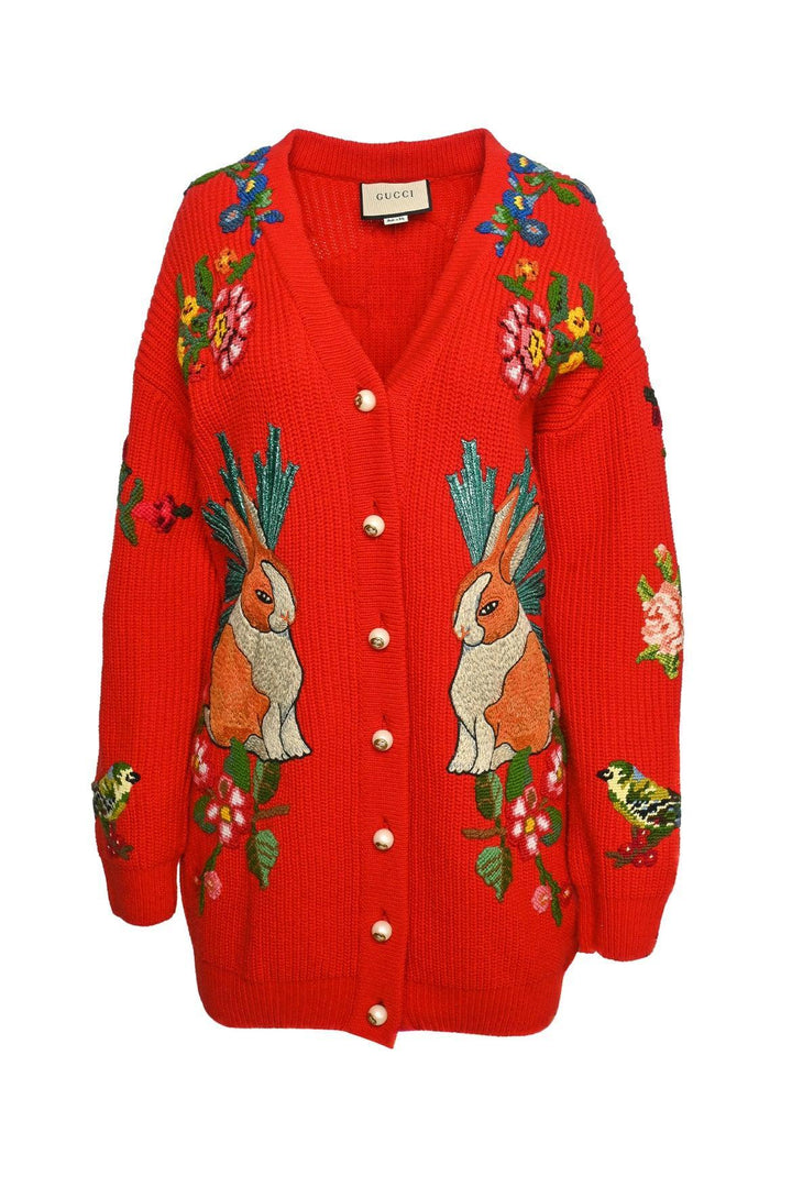 Gucci Size M 2017 Oversized Embroidered Rabbit Knit Wool Cardigan