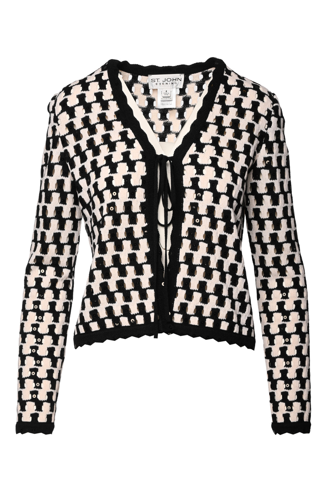 St. John Evening Size 4 Check Knit Embellished Tie-Up Cardigan
