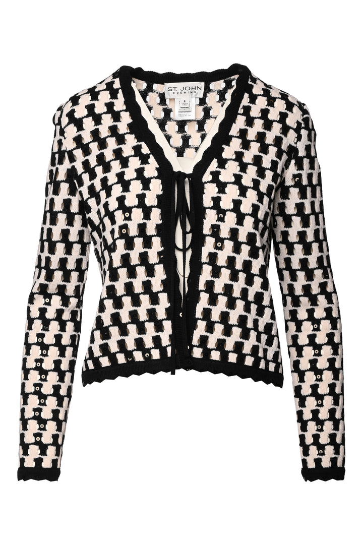 St. John Evening Size 4 Check Knit Embellished Tie-Up Cardigan