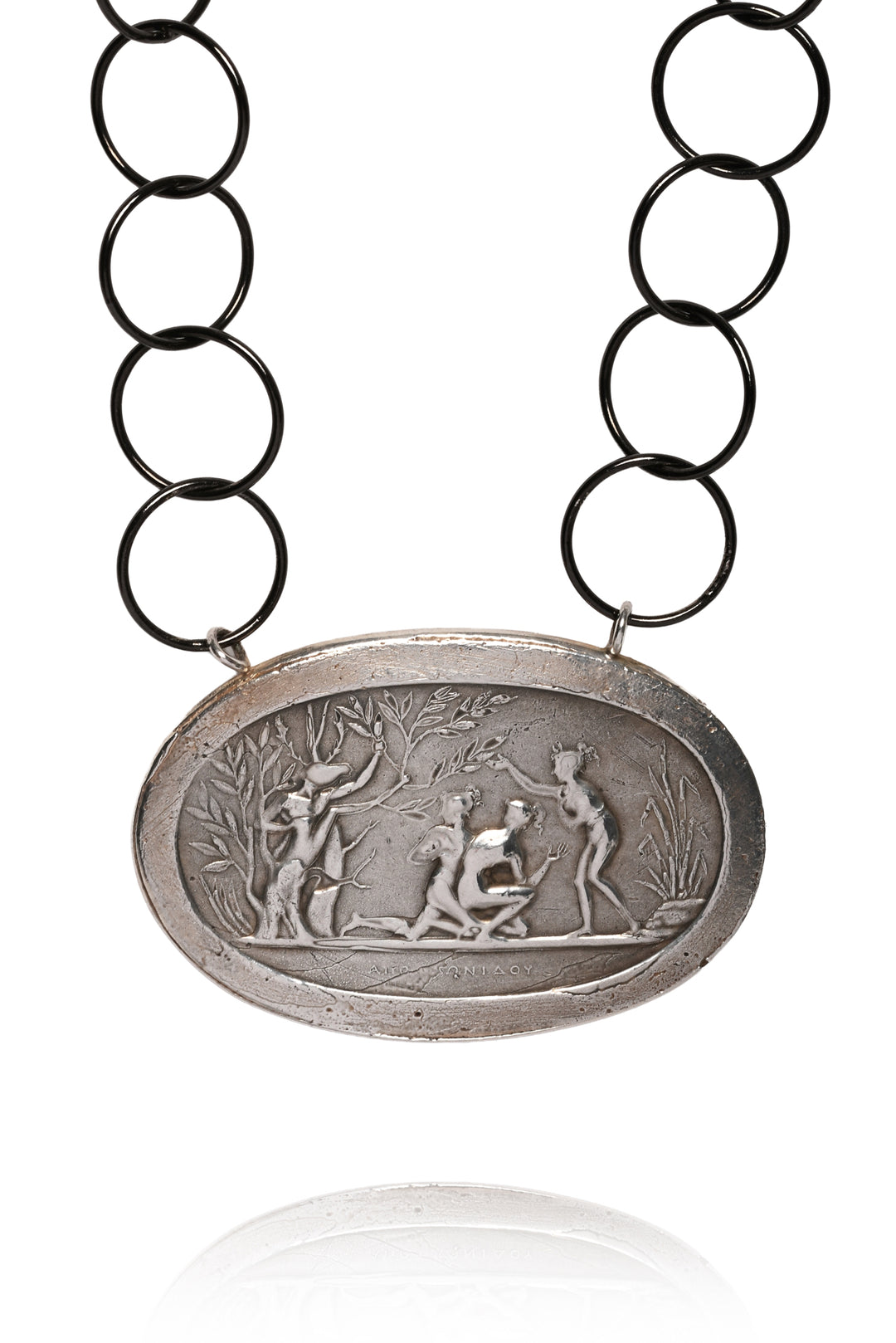 Pyrrha Large Oval Greek Mythology Pendant Circle Link Chain Necklace