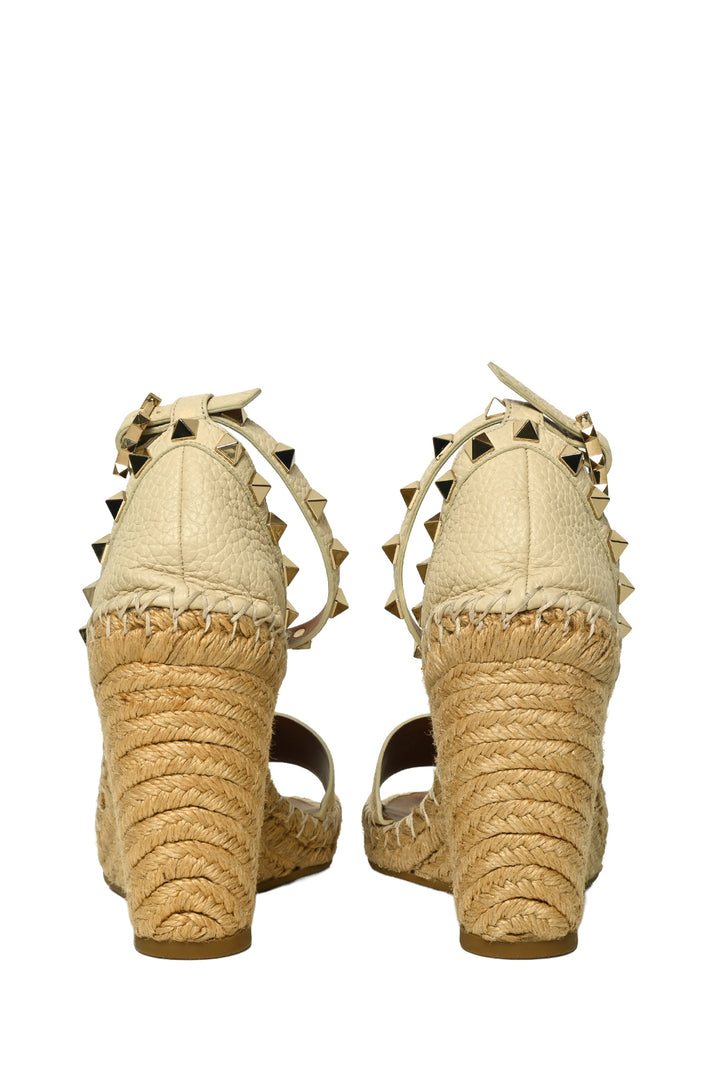 Valentino Size 38 Rockstud Leather Espadrilles Wedge Sandals