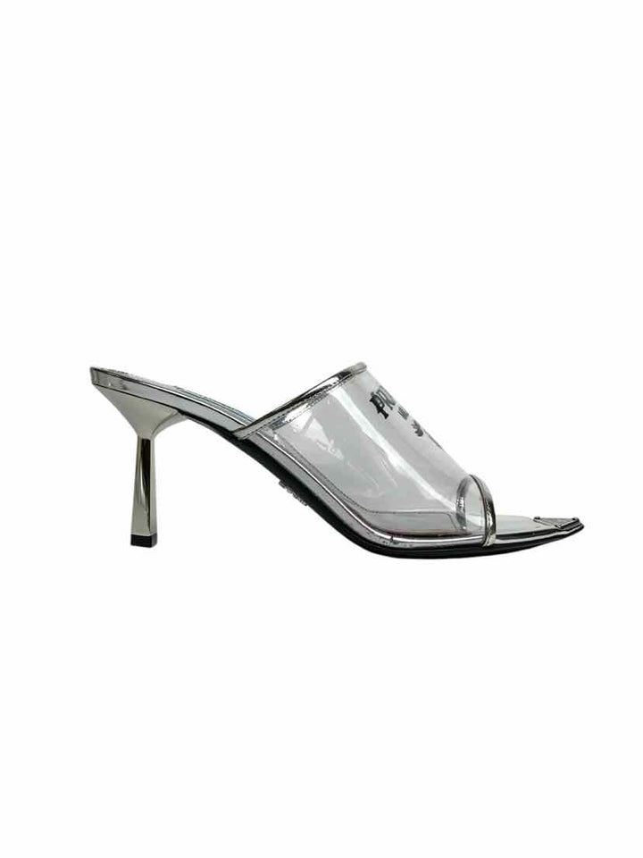 Prada Size 37 Silver Leather Logo Print PVC Slides