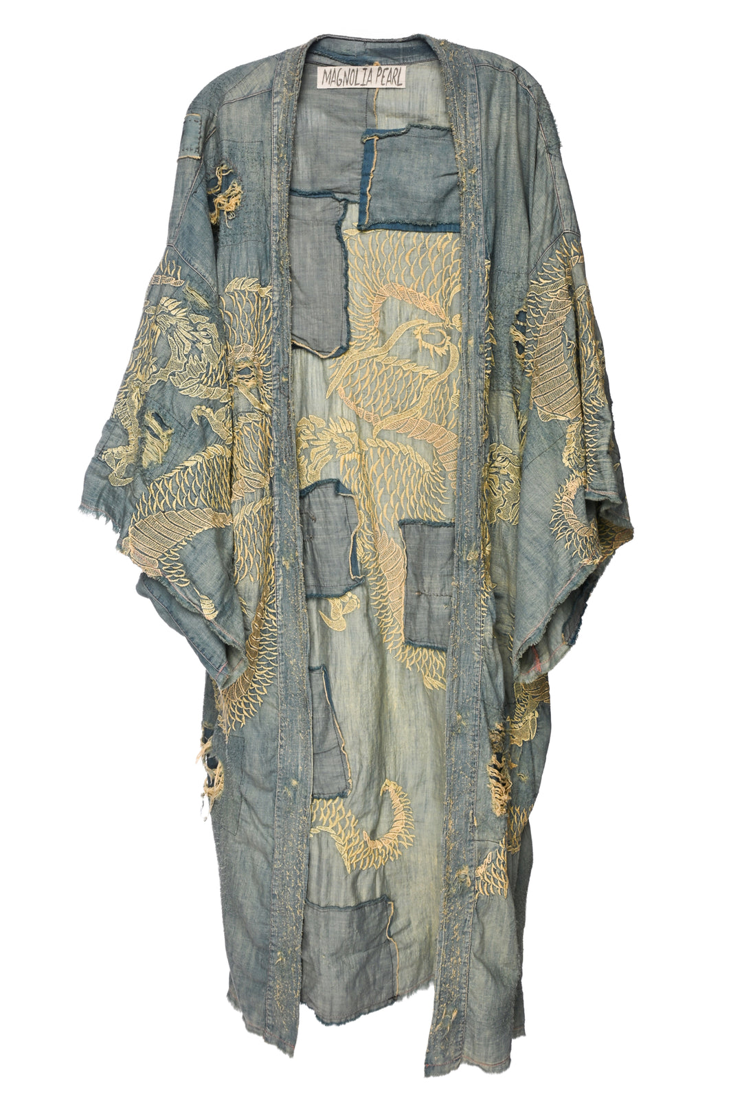 Magnolia Pearl Size OS Daiji Dragon Embroidered Distressed Denim Kimono
