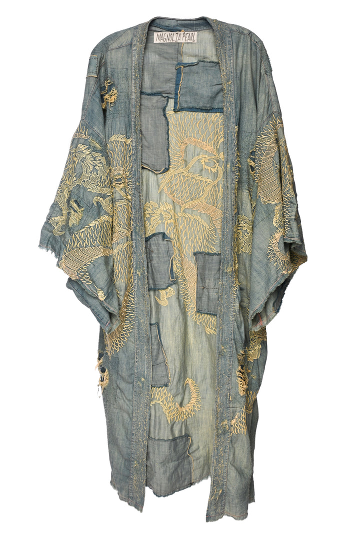 Magnolia Pearl Size OS Daiji Dragon Embroidered Distressed Denim Kimono