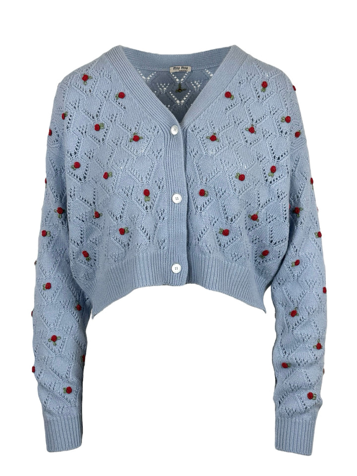 Miu Miu Size 42 2020 Rose Embroidered Cashmere Cardigan