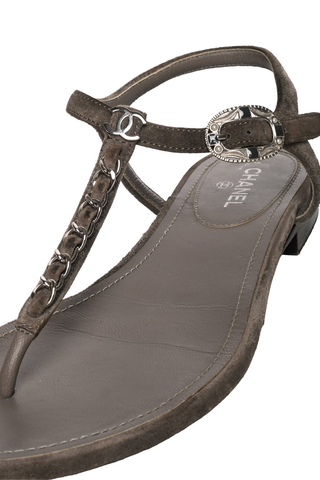 Chanel Size 37 CC Logo Suede T-Strap Sandals