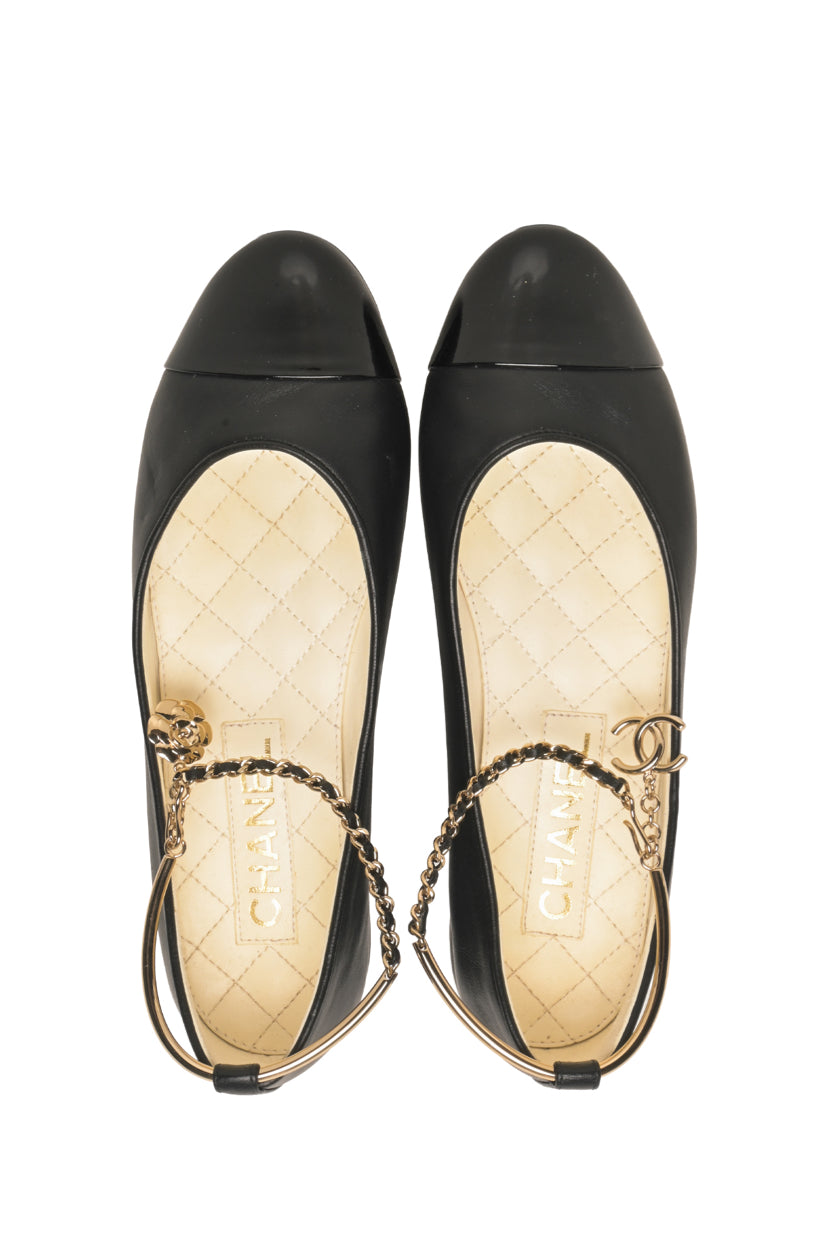 Chanel Size 36 Cap Toe Ankle Chain Ballerina Flats