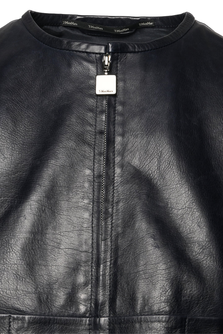 'S Max Mara Size 4 Collarless Zip-Up Leather Jacket