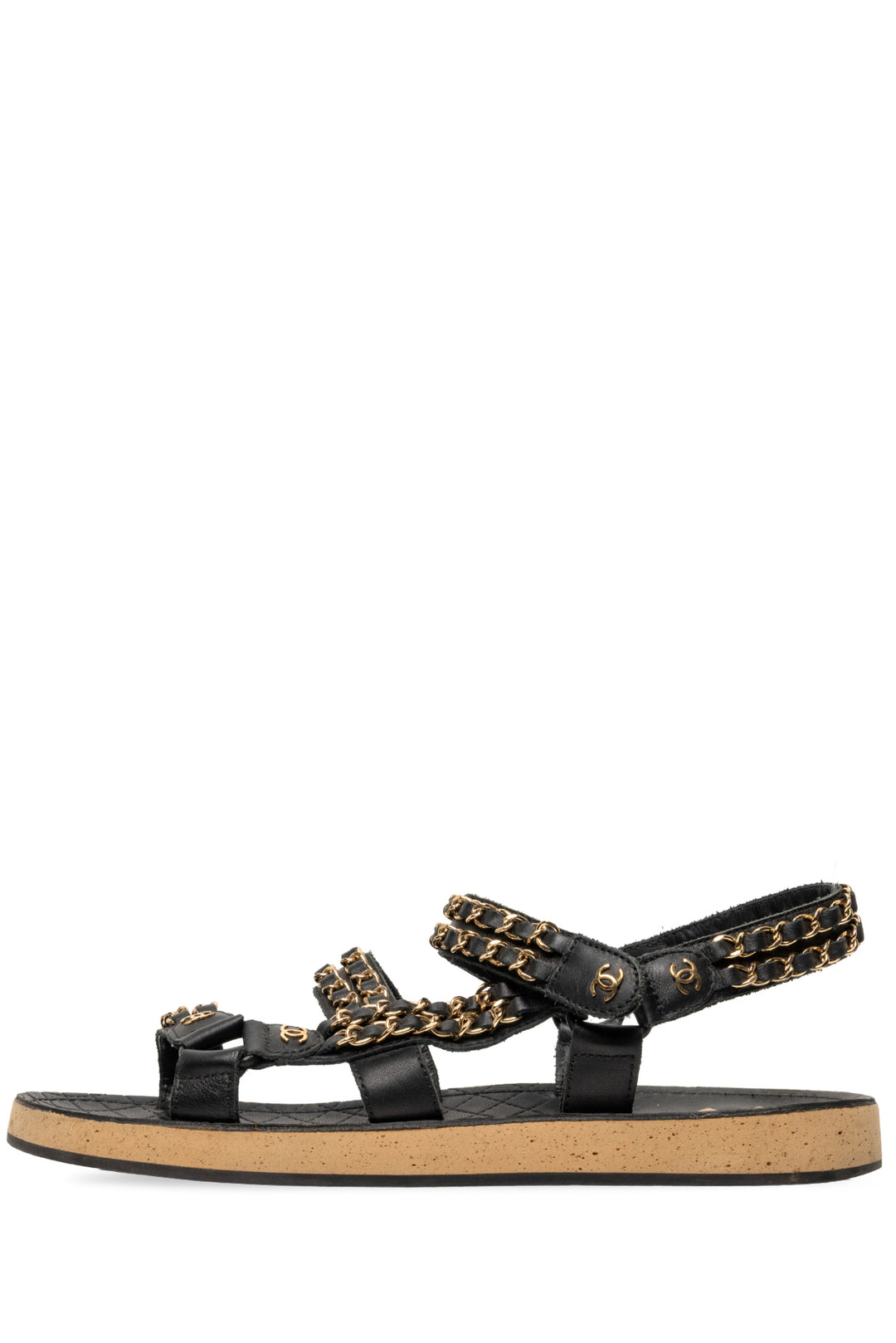 Chanel Size 40 2019 Chain Accent CC Logo Leather & Cork Flat Slingback Sandals