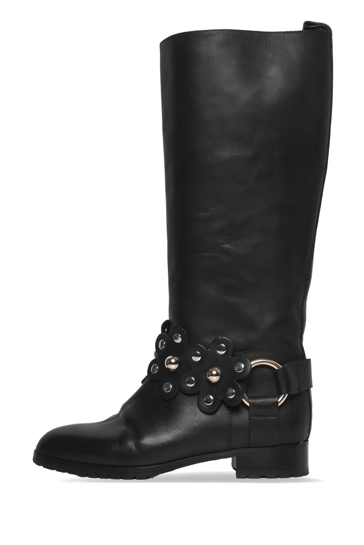 Red Valentino Size 37 Flower Puzzle Knee High Leather Boots