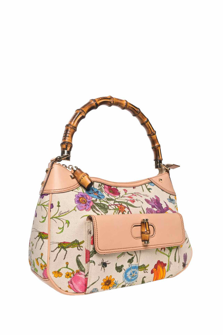 Gucci Flora Canvas Nailhead Bamboo Handle Bag