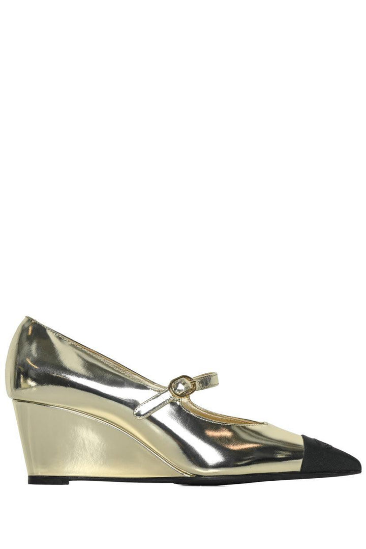 Chanel Size 36 2022 Laminated Calfskin Grosgrain Cap Toe CC Pointed Toe Wedges