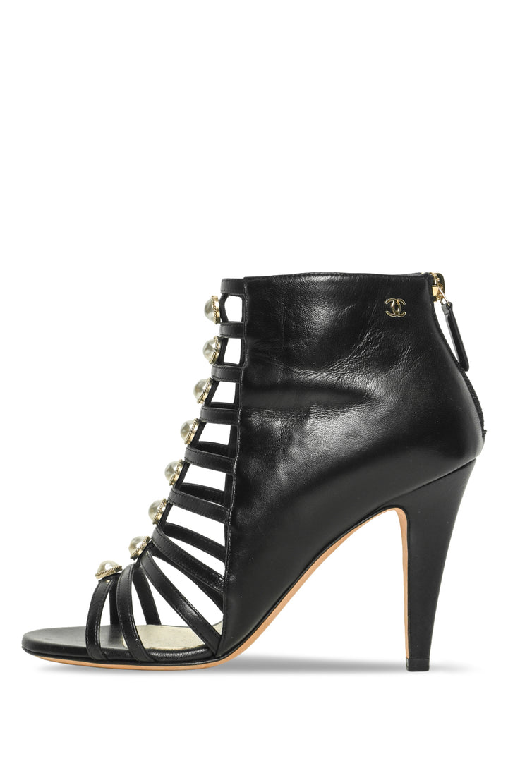 Chanel Size 36.5 Caged Faux Pearl CC Logo Leather Sandals