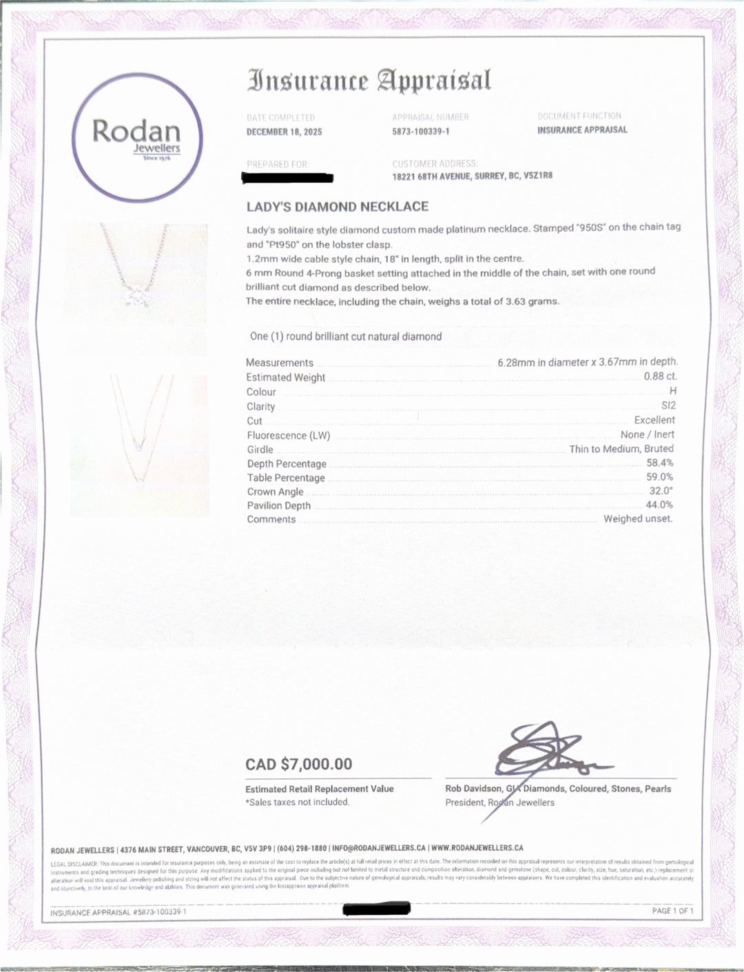 Roden Jewellers Platinum Solitaire Style Diamond Necklace