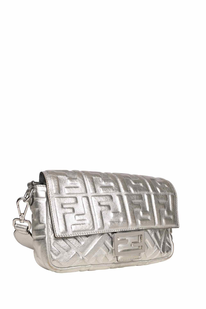 Fendi Metallic Silver Embossed Baguette Crossbody