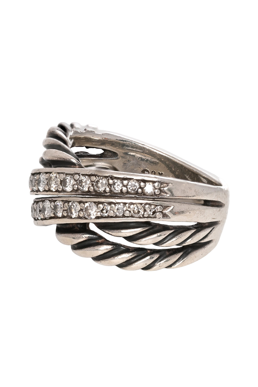 David Yurman Size 7 Silver Diamond Crossover Cable Band Ring