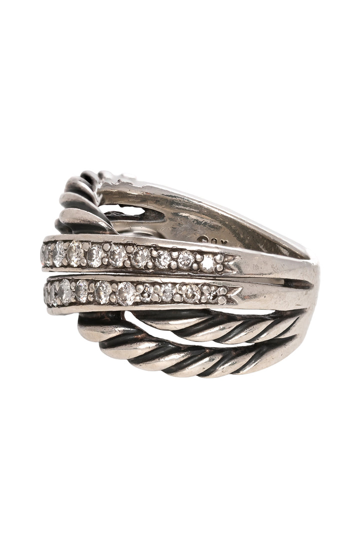 David Yurman Size 7 Silver Diamond Crossover Cable Band Ring