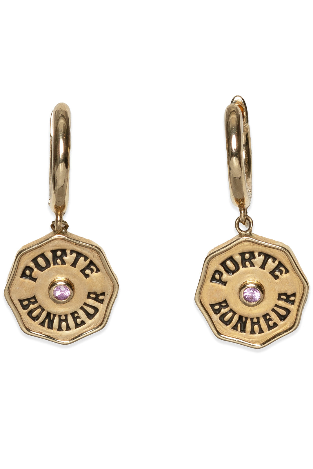 Marlo Laz 14K Yellow Gold & Pink Sapphire Wee Porte Bonheur Hoop Earrings