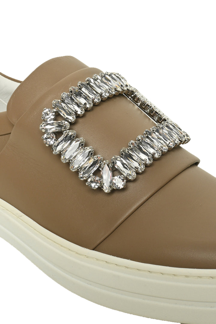 Roger Vivier Size 35 Leather Crystal Buckle Slip On Sneaker