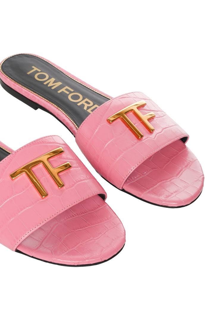 Tom Ford Size 38 Croc-Embossed Logo Slides