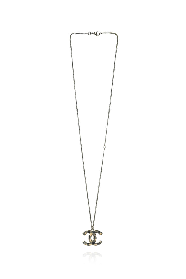 Chanel 2011 Check Print Fabric CC Logo Necklace