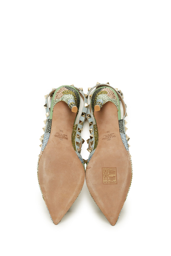 Valentino Size 38 Crystal Camouflage Rockstud Ankle Strap Pumps