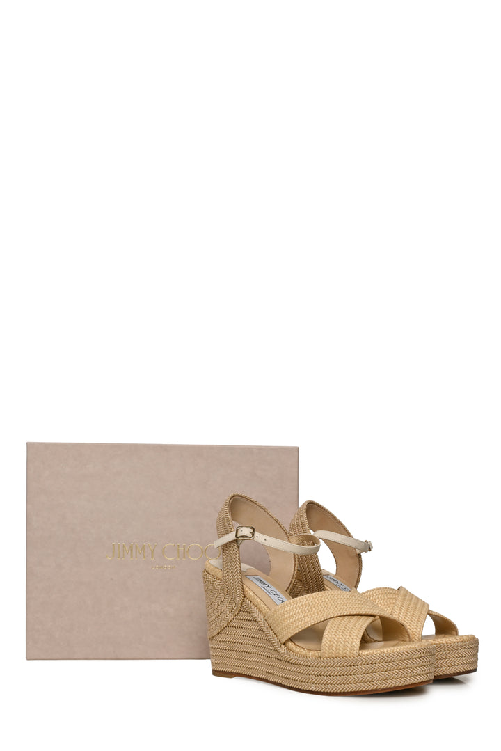 Jimmy Choo Size 38.5 Dellena 100 Natural Mix Raffia Wedges