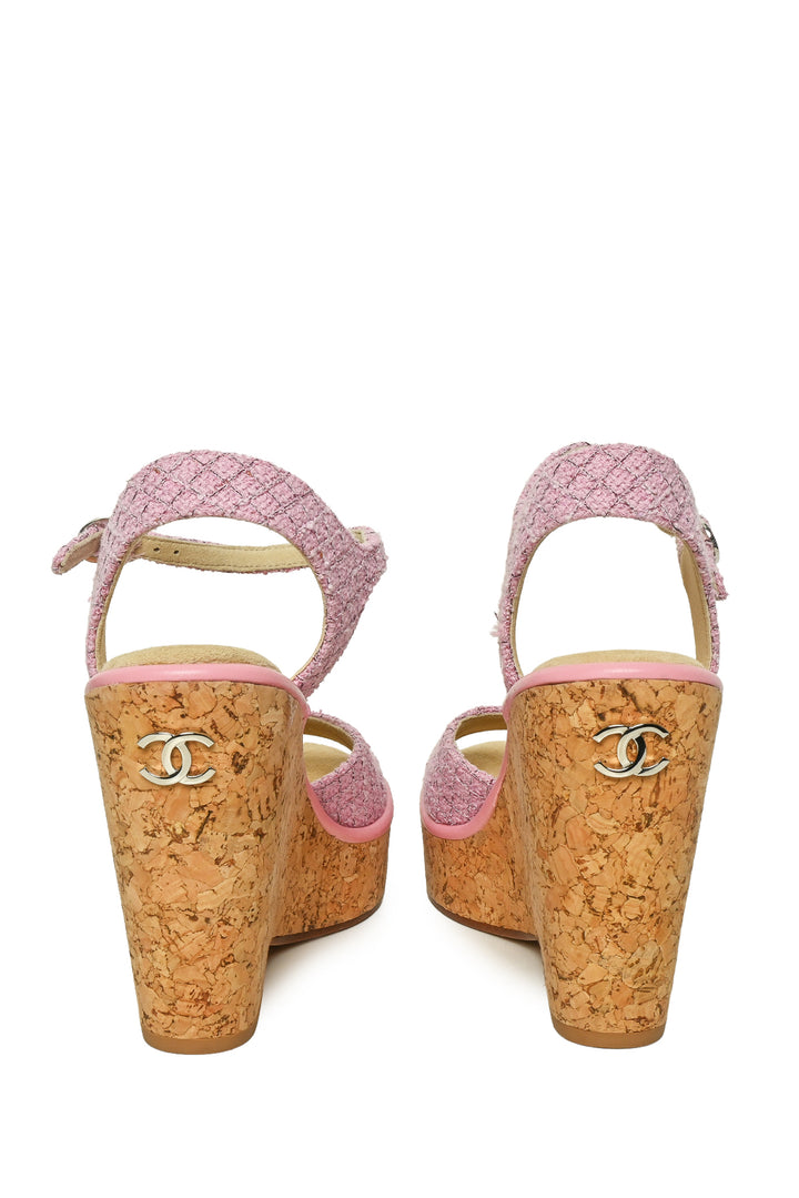 Chanel Size 39 Tweed & Cork CC Wedge Sandals
