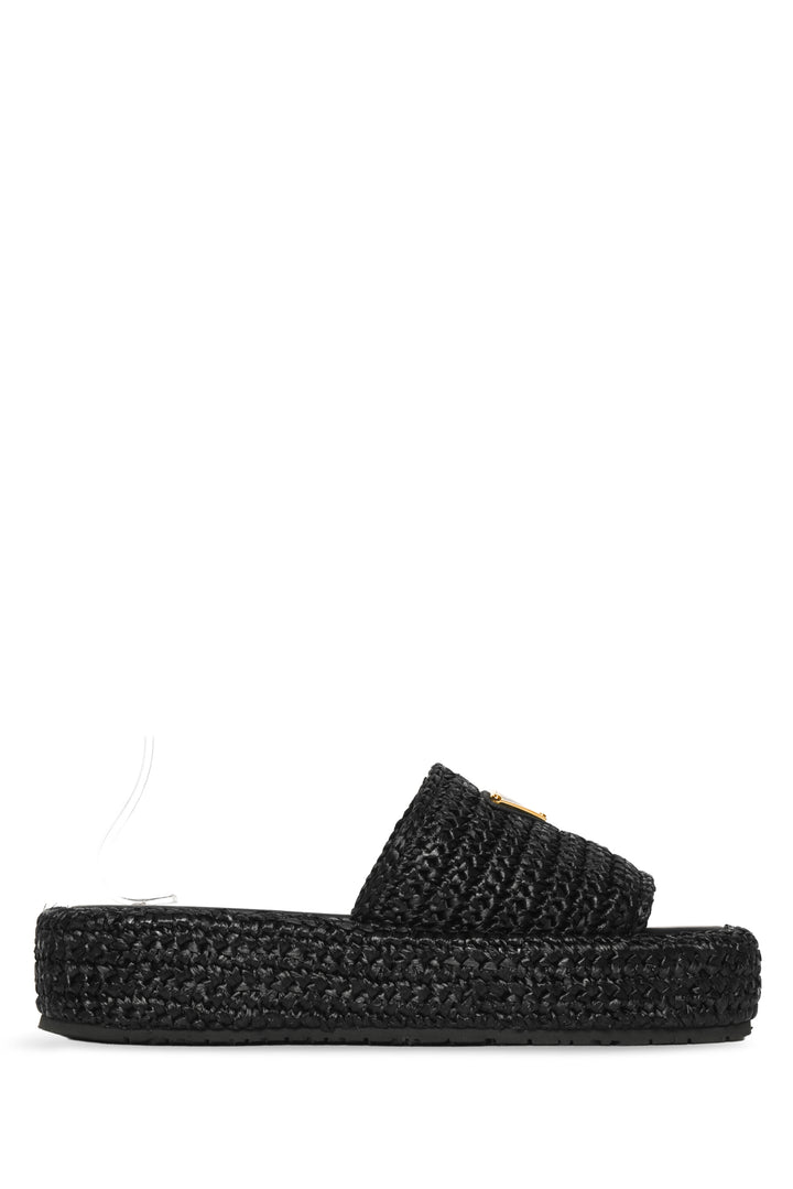 Prada Size 36 Enameled Triangle Logo Plaque Raffia Flatform Slide Sandals