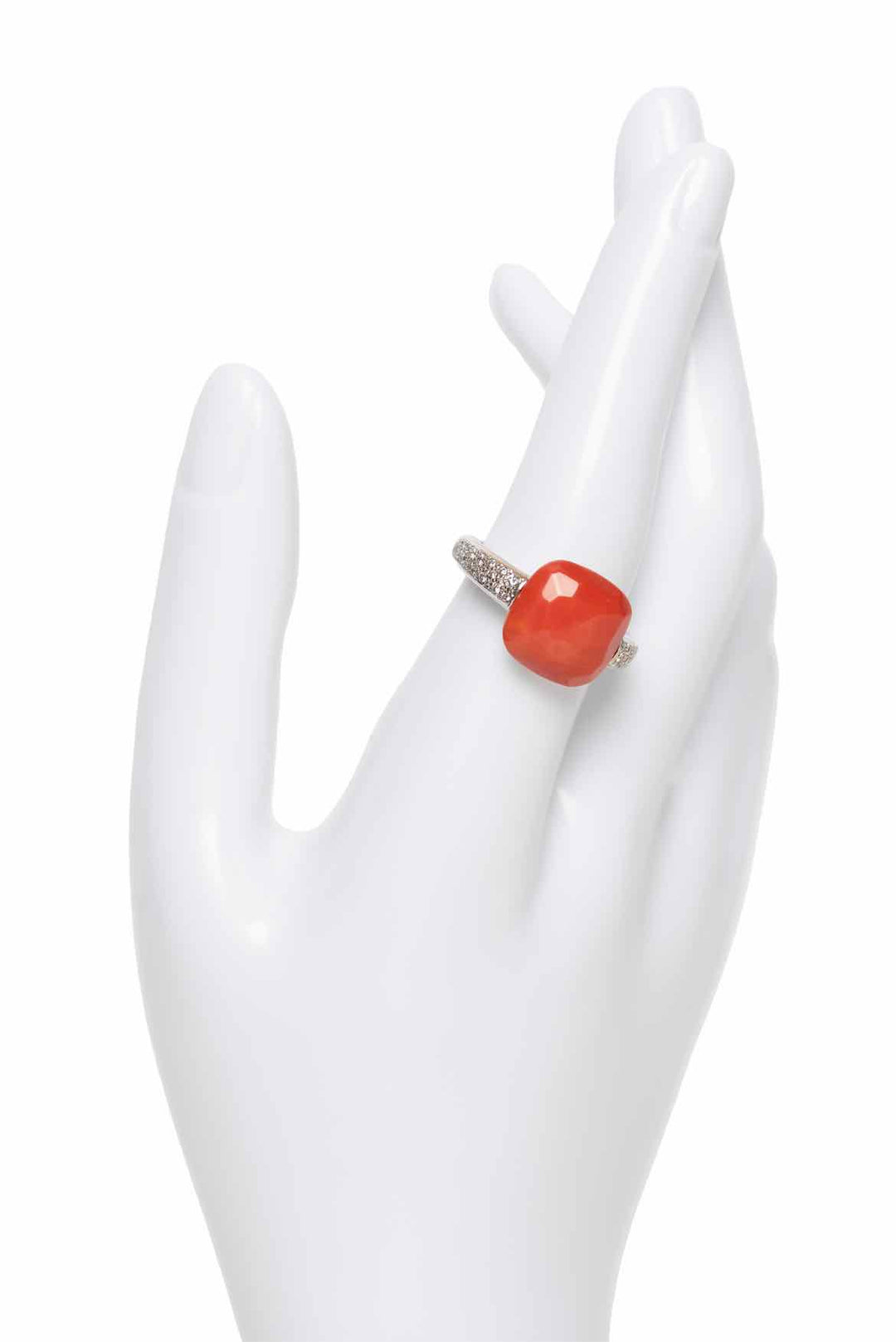 Pomellato Size 8 18K White Gold, Diamond & Coral Nudo Ring