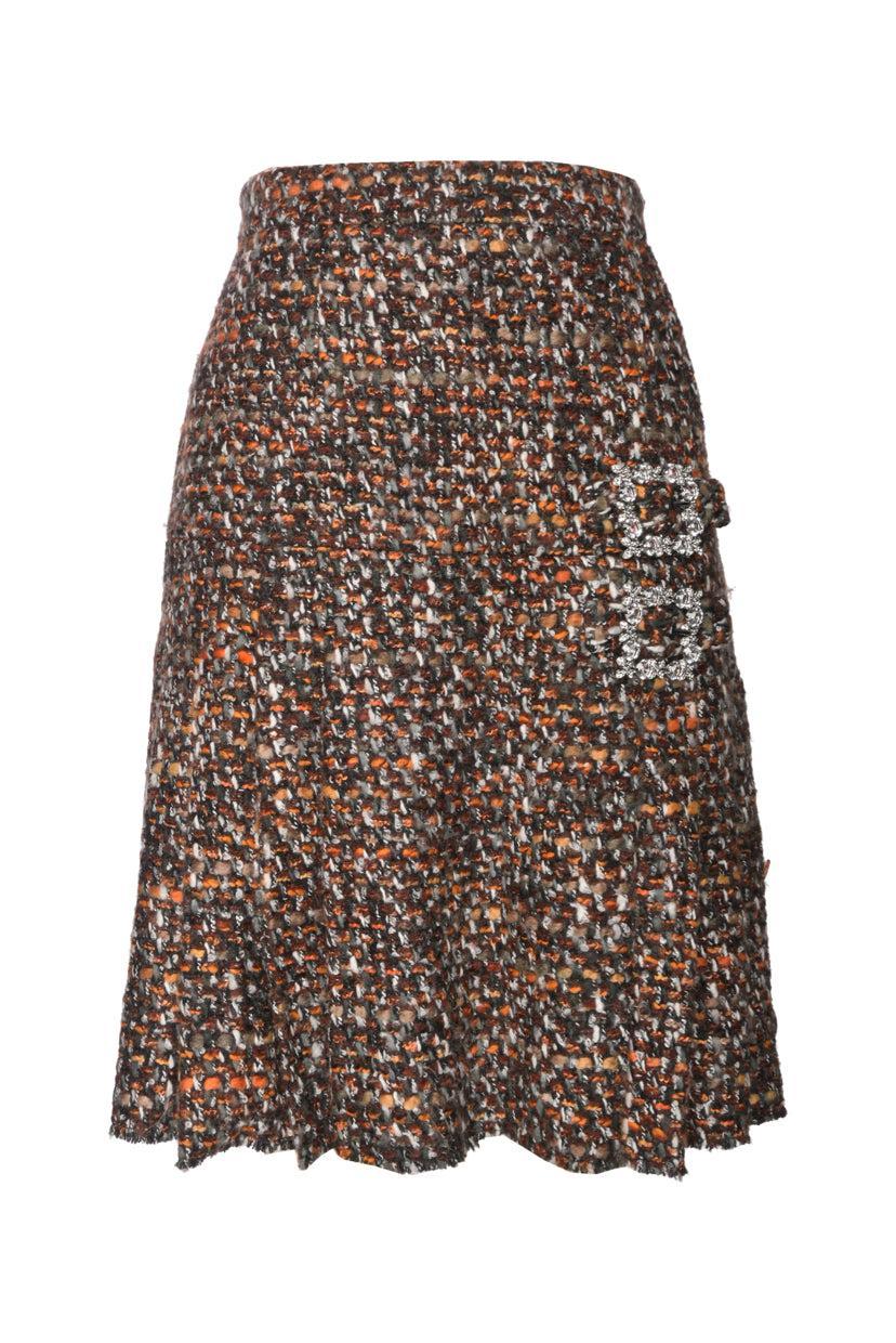 Dolce & Gabbana Size 44 Pleated Tweed Skirt with Crystal Buckles