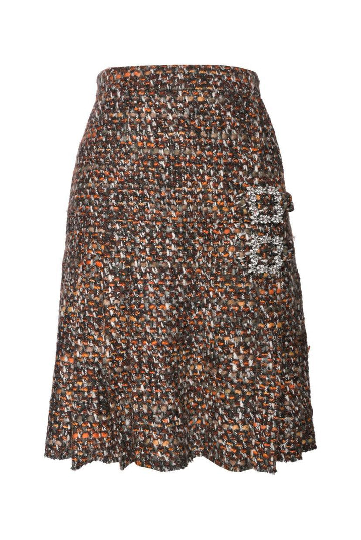 Dolce & Gabbana Size 44 Pleated Tweed Skirt with Crystal Buckles