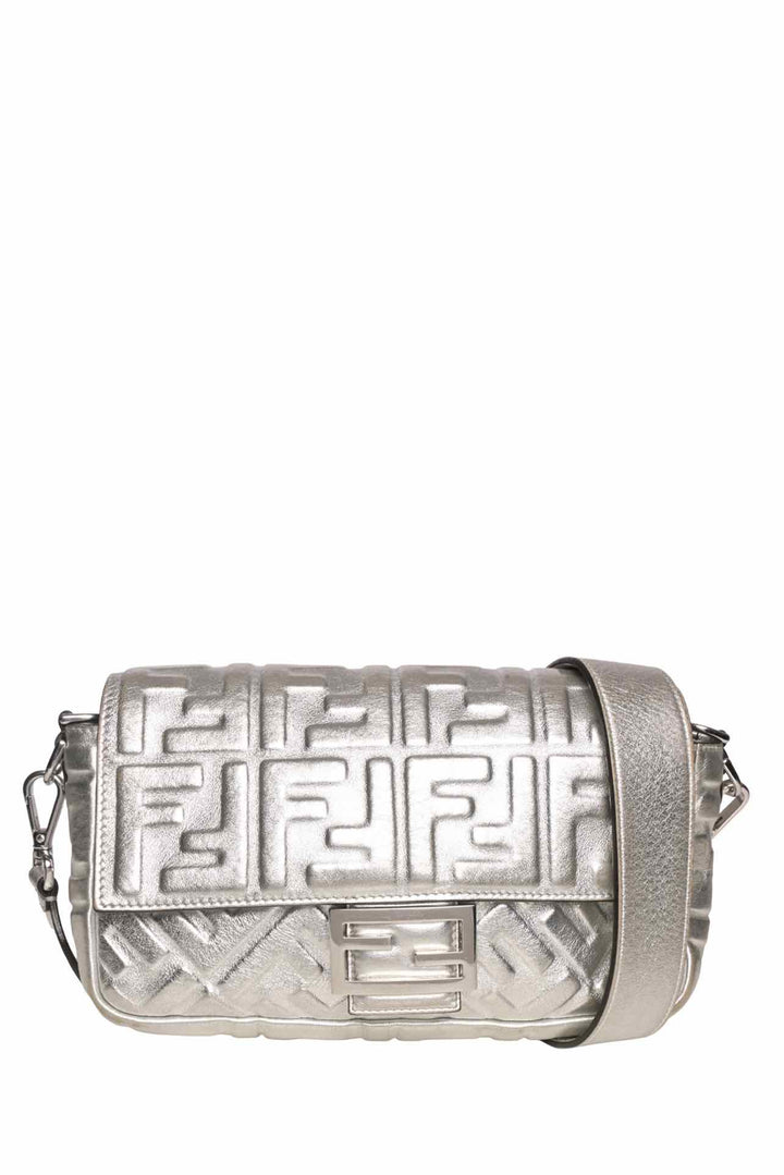 Fendi Metallic Silver Embossed Baguette Crossbody