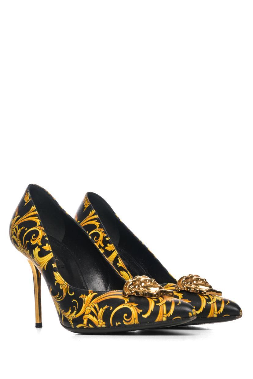 Versace Size 39 Barocco Printed Leather Medusa Palazzo Pumps
