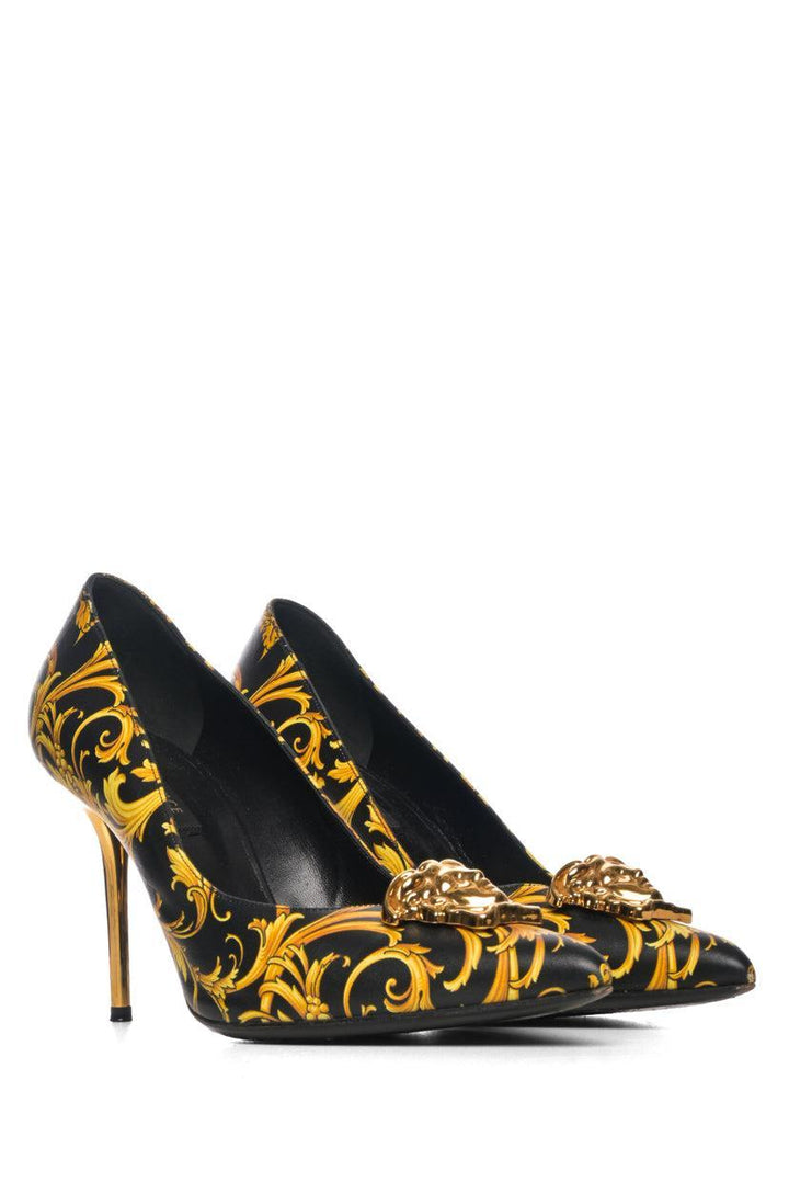 Versace Size 39 Barocco Printed Leather Medusa Palazzo Pumps