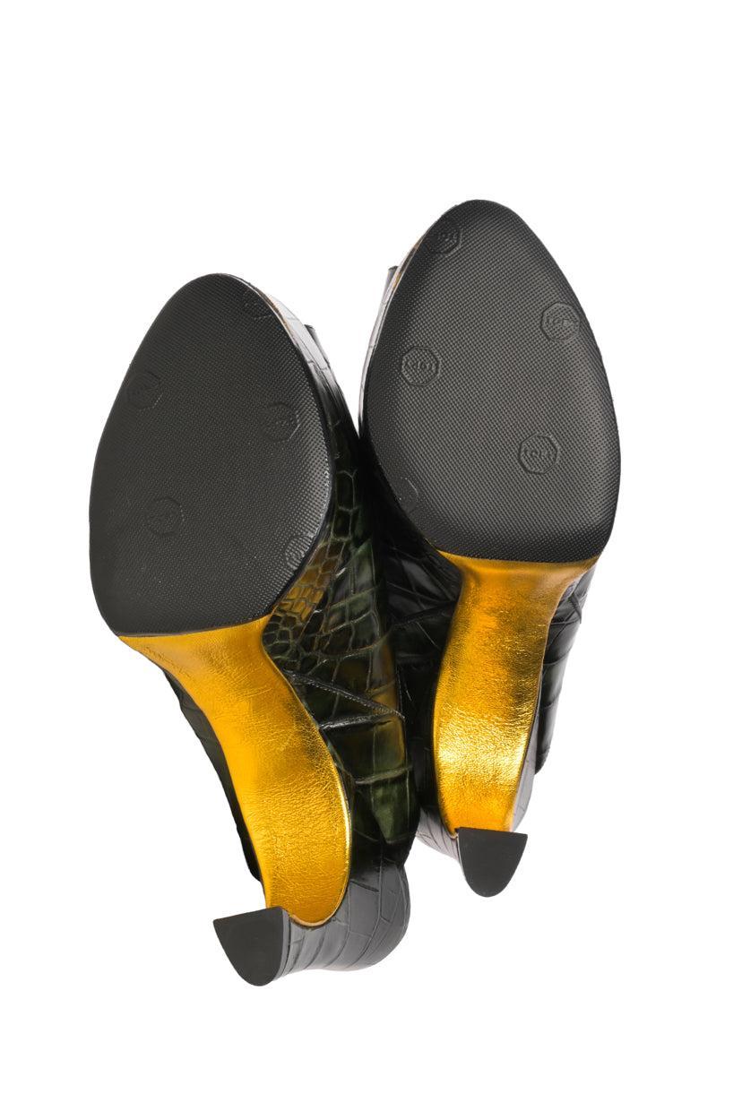 Dries Van Noten Size 40 Croc Embossed Leather Peep Toe Sandals