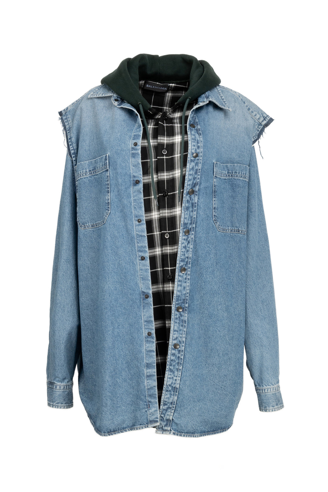 Balenciaga Size 39 Men's 2018 2pc Twinset Denim & Check Hooded Layered Jacket