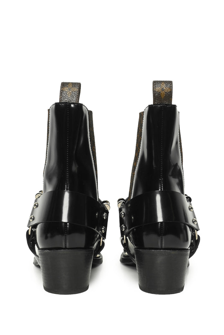 Louis Vuitton Size 40 Monogram Canvas Black Patent Leather Rhapsody Ankle Boots