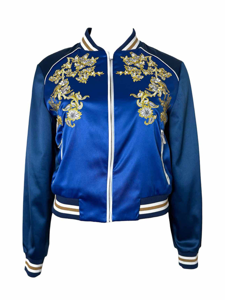 maje Size 36 Floral Embroidered Satin Zip-up Bomber Jacket