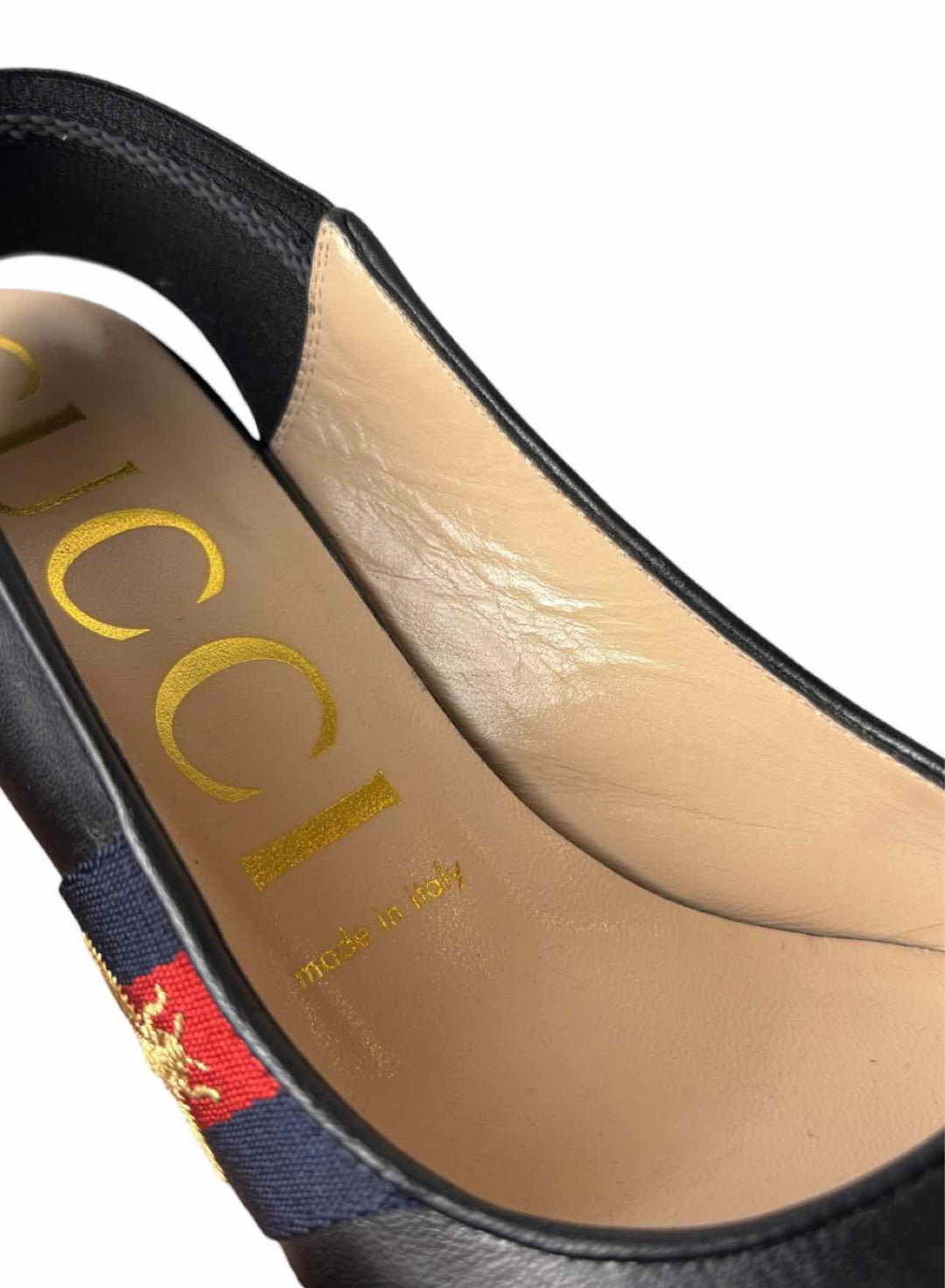 Gucci Size 38 Sylvie Web Embroidered Bee Leather Slingback Pumps